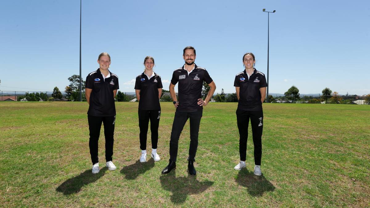 IN CHARGE: Maitland coach David Walker, pictured with Magpies players Bronte Peel, Mercedes McNabb and Madi Gallegos, is excited to see what his squad can do in their second season of women's premier league. Picture: Jonathan Carroll