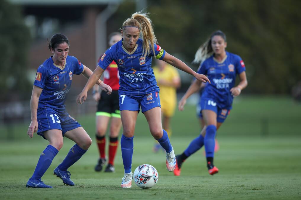 GOAL: Jets co-captain Gema Simon took matters into her own hands to score an equaliser against Adelaide at No.2 Sportsground on Friday night but it was not enough in a 2-1 loss. Picture: Marina Neil