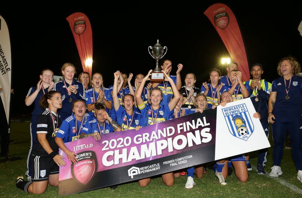 Harmonie Attwill, far right, led Newcastle Olympic to the premiership-championship double in her first season coaching in Herald Women's Premier League. Picture: Jonathan Carroll
