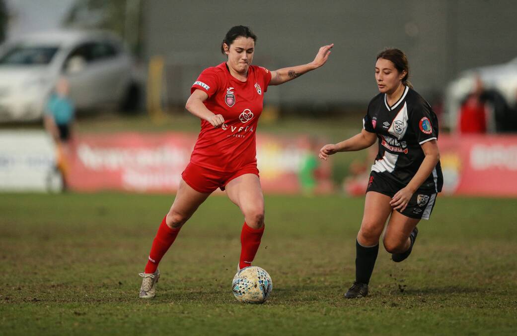 Broadmeadow attacking player Lucy Kell on the ball against Mid Coast at Magic Park in round 13 of Newcastle Herald Women's Premier League. Picture: Marina Neil 