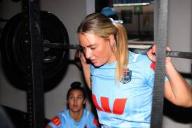 Knights and NSW hooker Olivia Higgins trains with the Sky Blues at 98 Gym in Newcastle West on Monday ahead of Origin I this week. Picture by Peter Lorimer