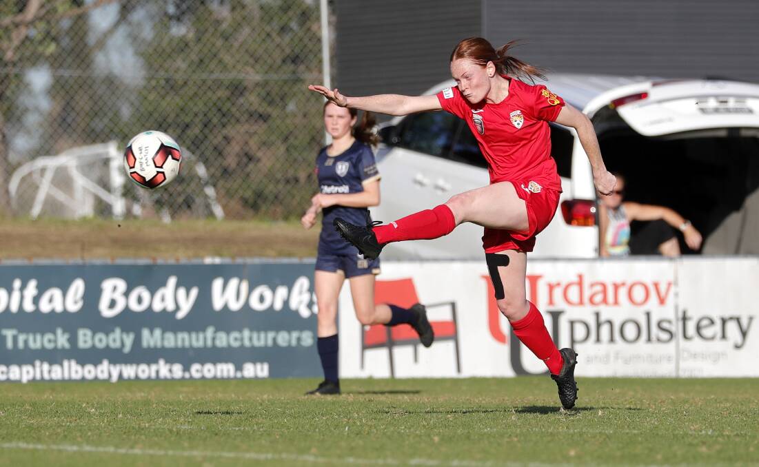 STRONG START: Lucy Jerram fires the ball up field for Broadmeadow at Magic Park on Sunday as Herald Women's Premier League resumed. Picture: Valentine Sports Photography