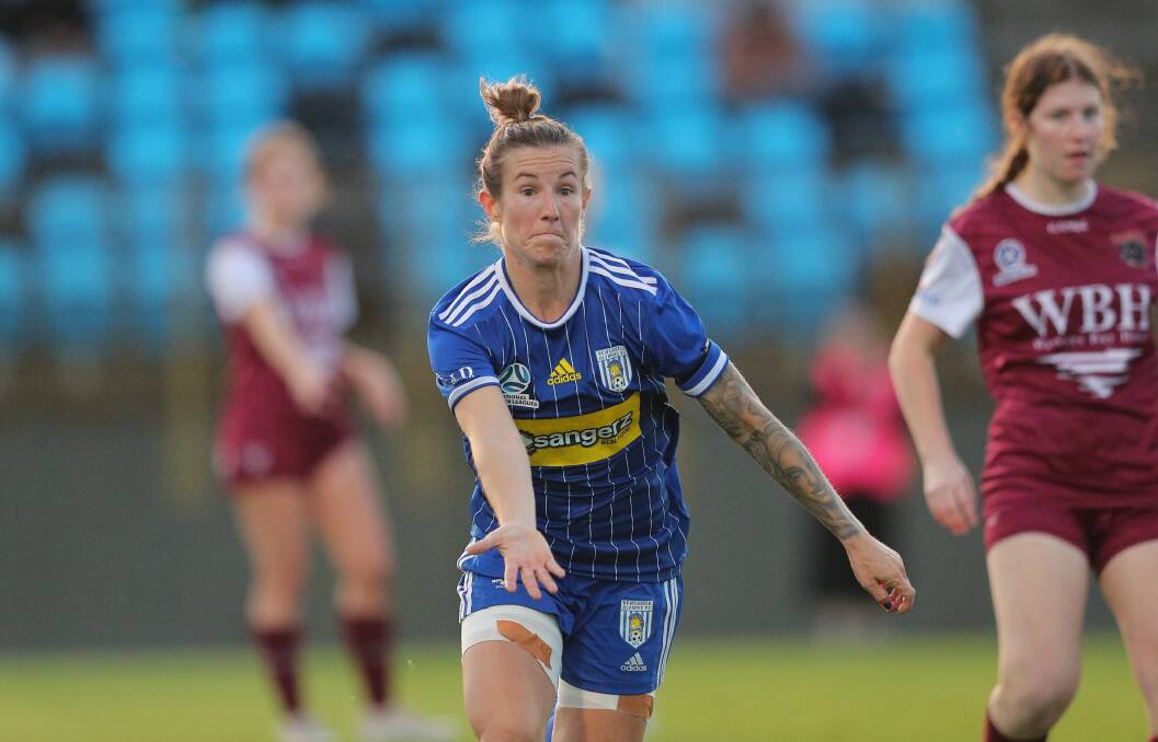 Newcastle Olympic's Georgia Amess, pictured in last year's NPLW NNSW grand final, scored a match brace in Taree on Sunday. Picture by Max Mason-Hubers