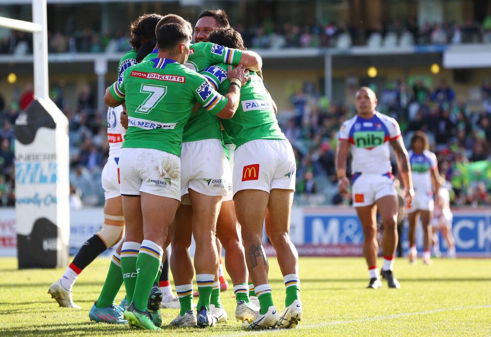 The Raiders celebrate a try in their win over Newcastle on Sunday. Picture: Gerry Images
