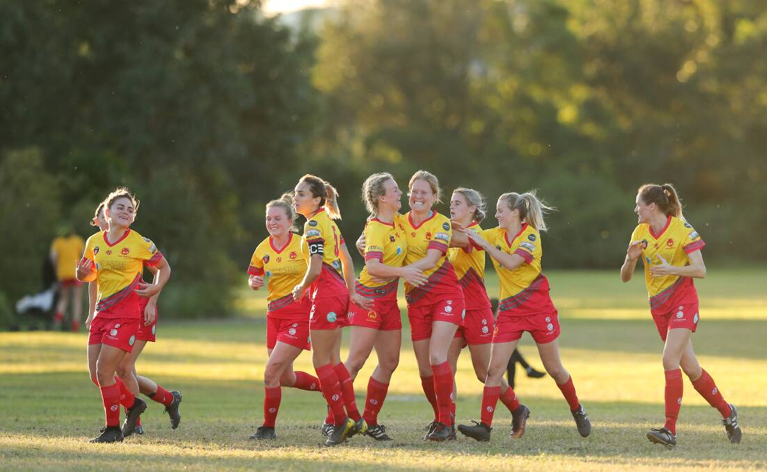 GONE: South Wallsend, pictured celebrating a goal in Herald Women's Premier League this season, have been replaced by Broadmeadow Magic for 2020. Picture: Max Mason-Hubers