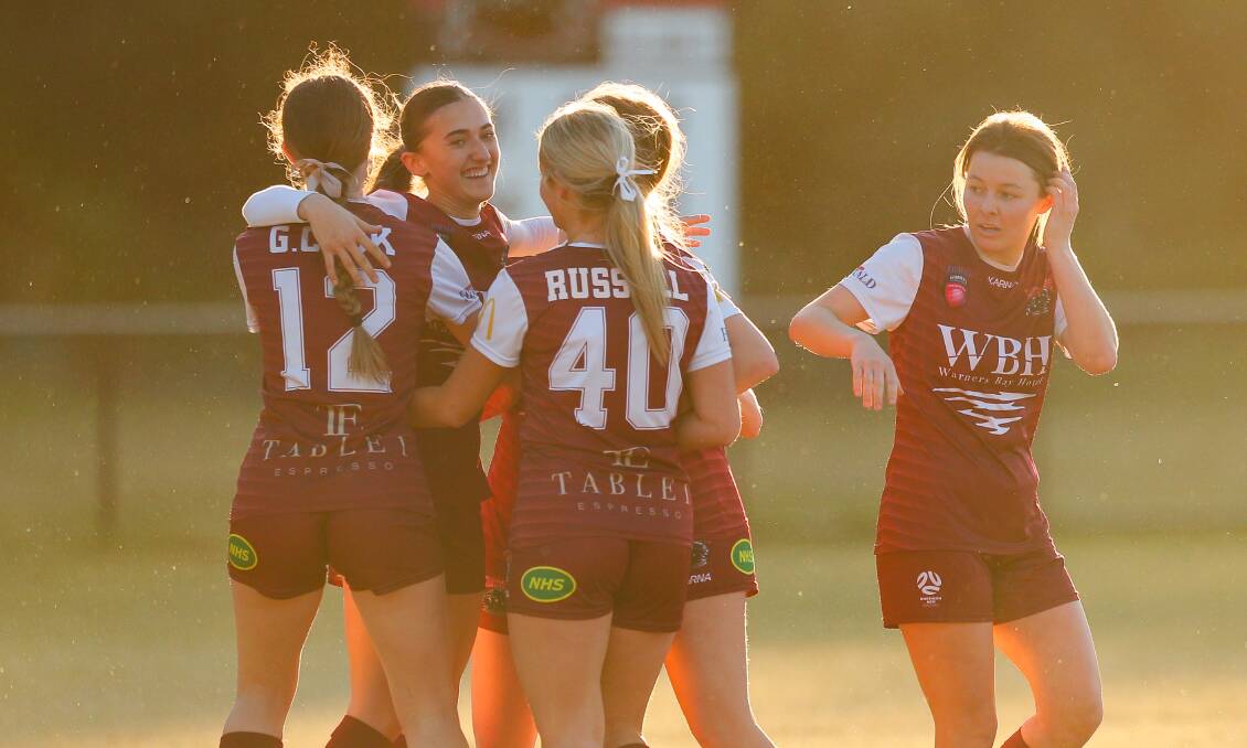 BACK ON TRACK: Warners Bay celebrate a goal in an important 5-1 win over New Lambton in round 16 of Newcastle Herald Women's Premier League at John Street Oval on Sunday. Picture: Max Mason-Hubers