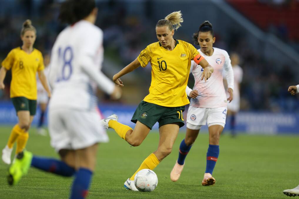 HOME TURF: Newcastle's Emily van Egmond in action against Chile at McDonald Jones Stadium in 2018. Picture: Jonathan Carroll