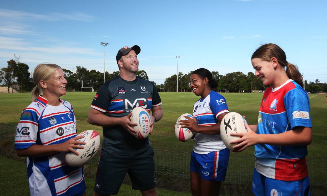 PATHWAY: New Hunter Wildfires women's coach Joey de Dassel with Wildfires players Peta Salter (left) and Karen Nabalarua (middle) plus Hunter Juniors Rugby Union player Billie Backus (right). Picture: Simone De Peak