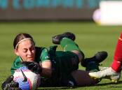 Jets goalkeeper Tiahna Robertson made a spectacular A-League Women's debut, making several crucial saves against Adelaide at Coopers Stadium on Friday. Picture Getty