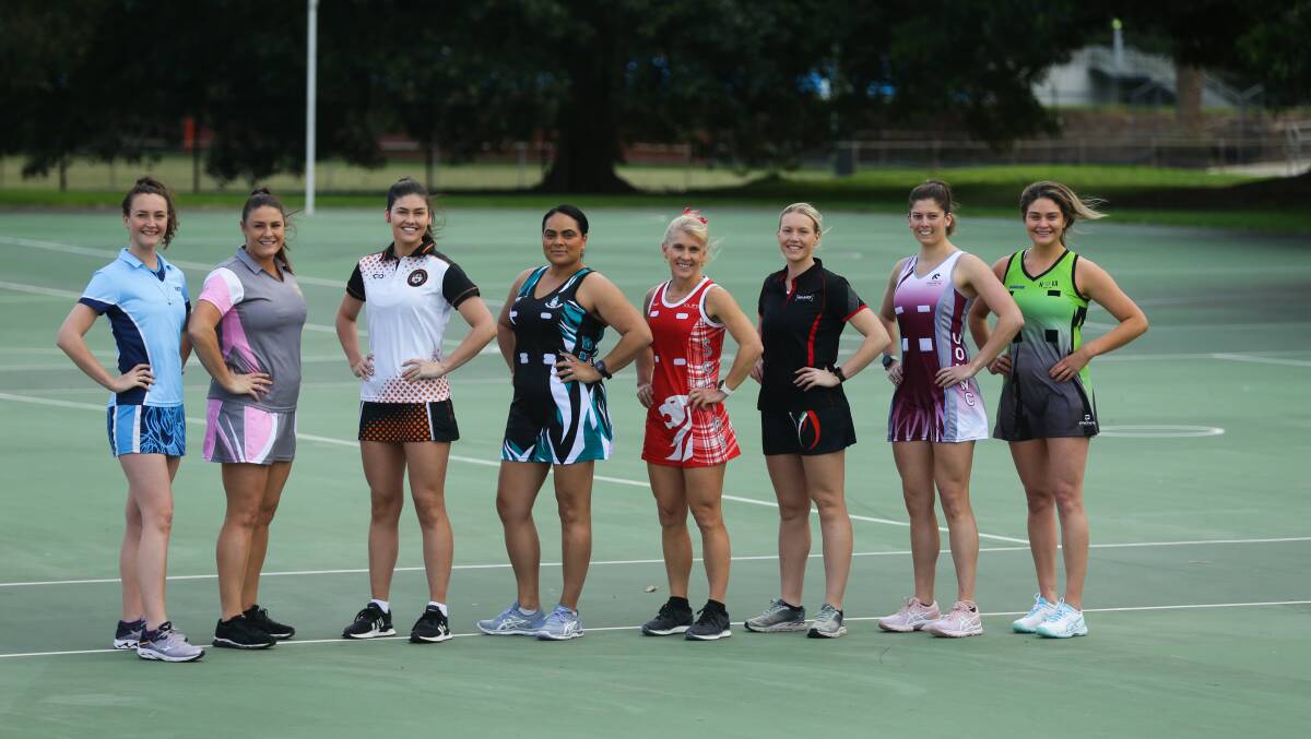 READY: From left, Emily Taylor (Junction Hotel), Kylie Mulville (Inner Glow), Annie Neenan (Kotara South), Kahlia Rocco (BNC), Narelle Eather (Souths), Abbie Johnson (West), Karlie Robards (University), Caity Lobston (Nova). Picture: Jonathan Carroll