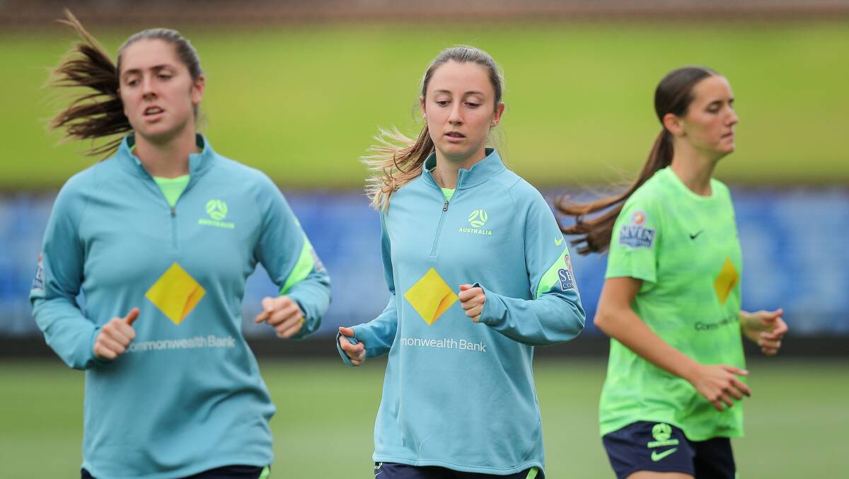 Clare Wheeler, pictured at Matildas training in Newcastle in 2021, is making the most of her opportunities. Picture by Max Mason-Hubers