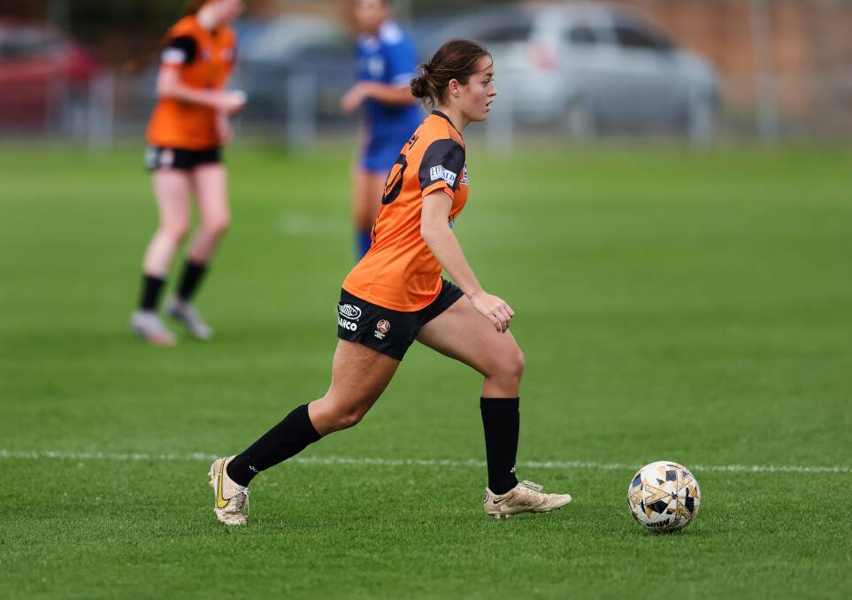 Jets player Josie Morley scored twice as Adamstown overpowered top-four side Maitland 3-2 on Saturday night. Picture by Marina Neil