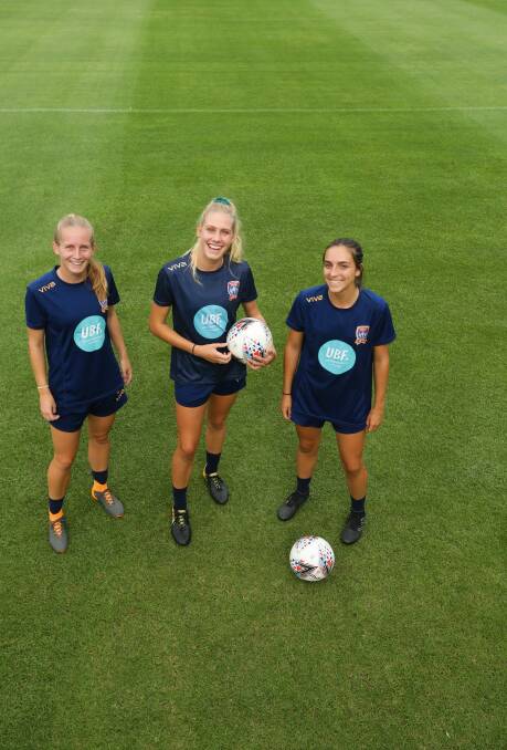 YOUNG GUNS: From left, Renee Pountney, Teigan Collister and Tessa Tamplin made their W-League debuts for Newcastle last season. Picture: Jonathan Carroll 