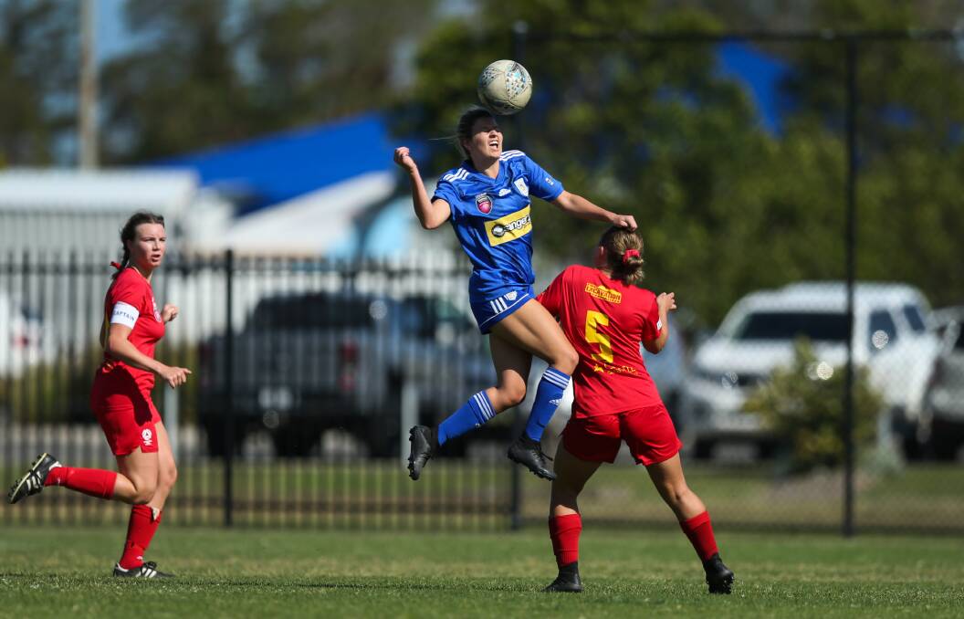 Jets striker Jemma House, pictured in action during the 2020 Herald Women's Premier League finals series, has signed on for another campaign with Newcastle Olympic. Picture: Marina Neil