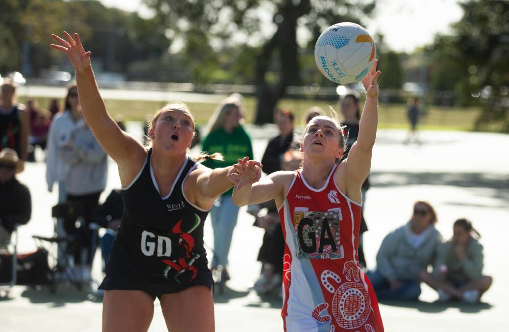 Action between West Leagues Balance and Souths Lions in the Newcastle championship netball preliminary final at National Park on Saturday. Pictures by Jonathan Carroll
