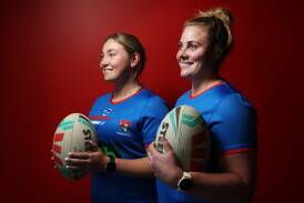 Newcastle Knights props Kayla Romaniuk and Tayla Predebon ahead of the squad's first training session on Monday. Picture by Simone De Peak