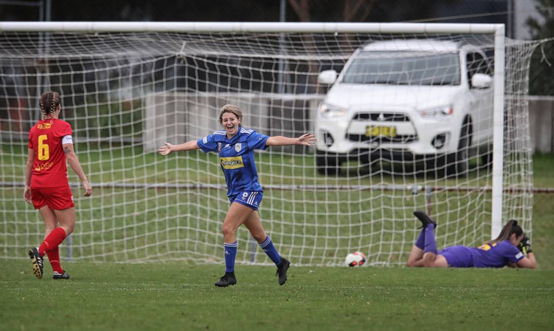 TREBLE: Jemma House celebrates a goal against Broadmeadow in round 13 of Herald Women's Premier League at Magic Park on Sunday. Picture: Sproule Sports Focus