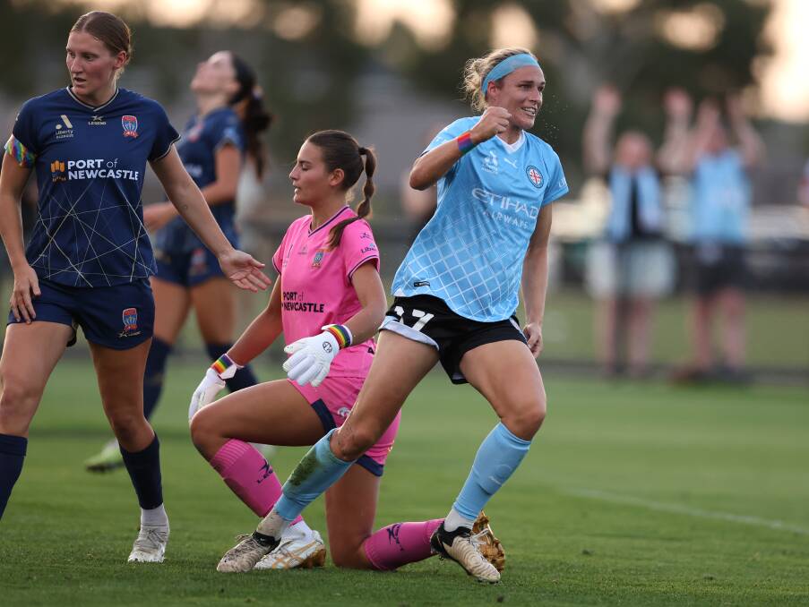 Hannah Wilkinson celebrates her second goal against the Newcastle Jets at City Football Academy Field on Sunday. Picture Getty