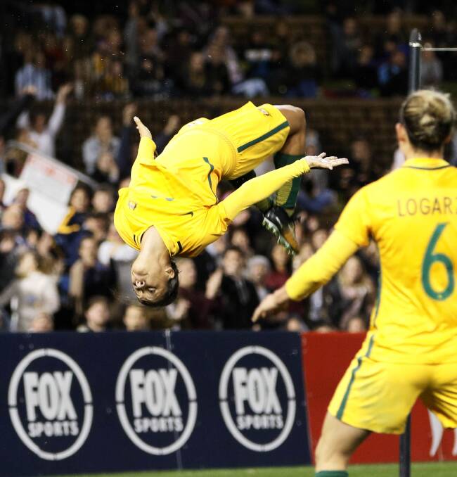 CROWD FAVOURITE: Sam Kerr celebrates scoring against Brazil in Newcastle last year. Picture: Darren Pateman/AAP