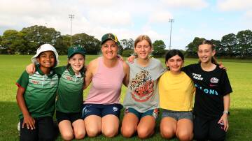 Wests women's captain and stage one girls coach Tighan Tosen with junior players, from left, Suhaina Jahangeer, Scarlett Tosen, Florence McGavin, Miller Baggs and Cora Forbes. Picture by Peter Lorimer