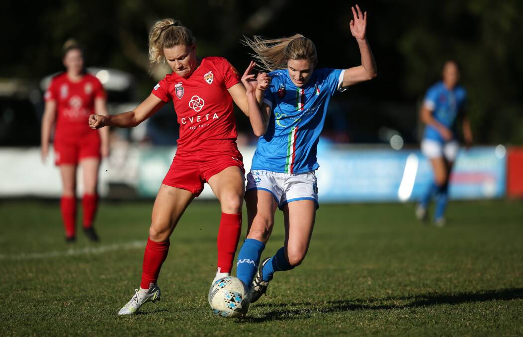 ASSET: Broadmeadow Magic midfielder Nadja Squires, pictured in round three, is having plenty of impact for the Herald Women's Premier League leaders in her return season. Picture: Marina Neil