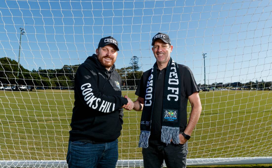 NEW VENTURE: Cooks Hill president Jeff Evans, left, with the club's new technical director Craig Deans at National Park fields on Wednesday. Picture: Max Mason-Hubers