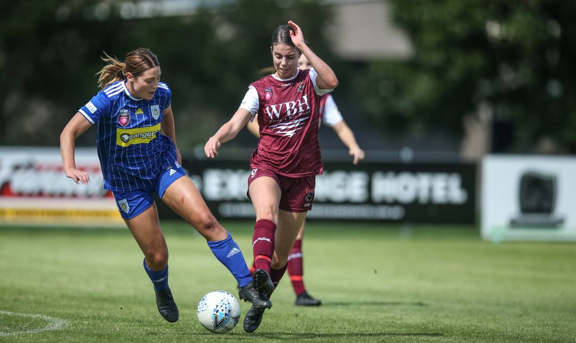 Warners Bay midfielder Zoe Horgan, right, has begun rehabilitation program for an injured ankle that at first looked season-ending. Picture: Marina Neil