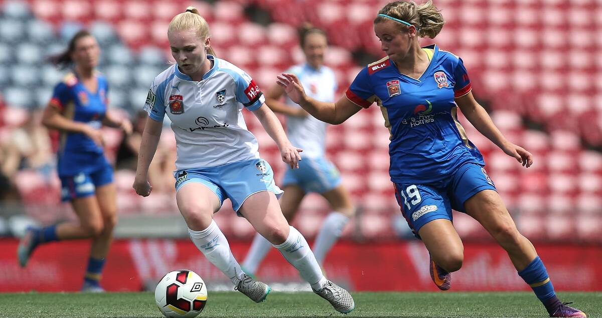 FINDING FEET: Newcastle Jets youngster Ashlee Brodigan, right, is on a steep learning curve in the W-League but is doing well so far. Picture: Getty Images