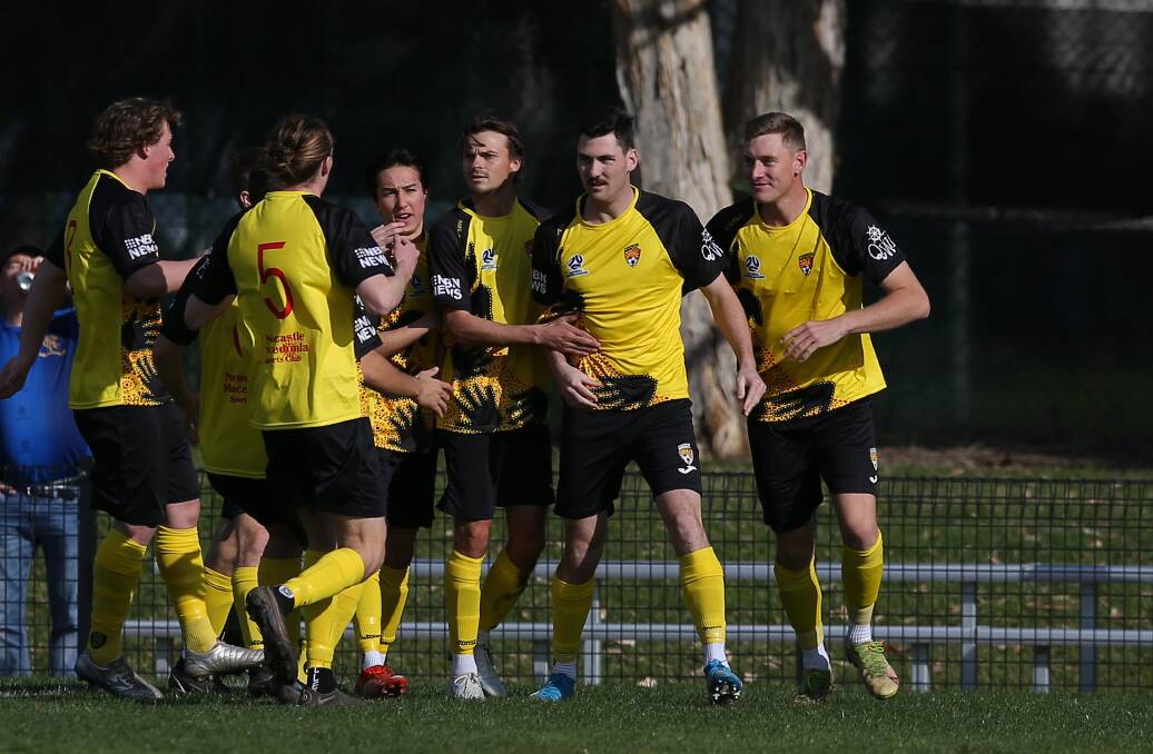 Broadmeadow Magic celebrate a goal in their 4-0 win over Adamstown at Adamstown Oval on Sunday. Picture: Marina Neil