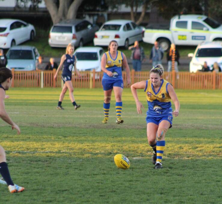 Lisa Steane in action for the Nelson Bay Marlins during the 2016 Black Diamond AFL women's grand final. She was named best and fairest.