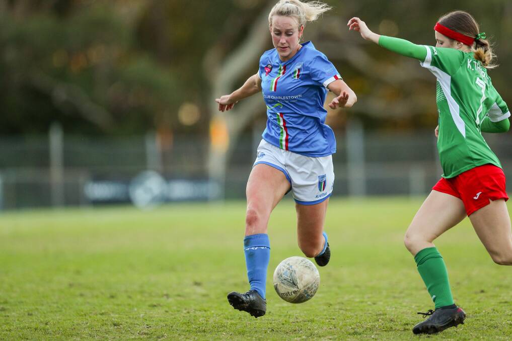 Charlestown Azzurri's Ash Gavin, pictured in action last year, produced the winner in a crucial 2-1 victory over Maitland last weekend. Picture: Max Mason-Hubers