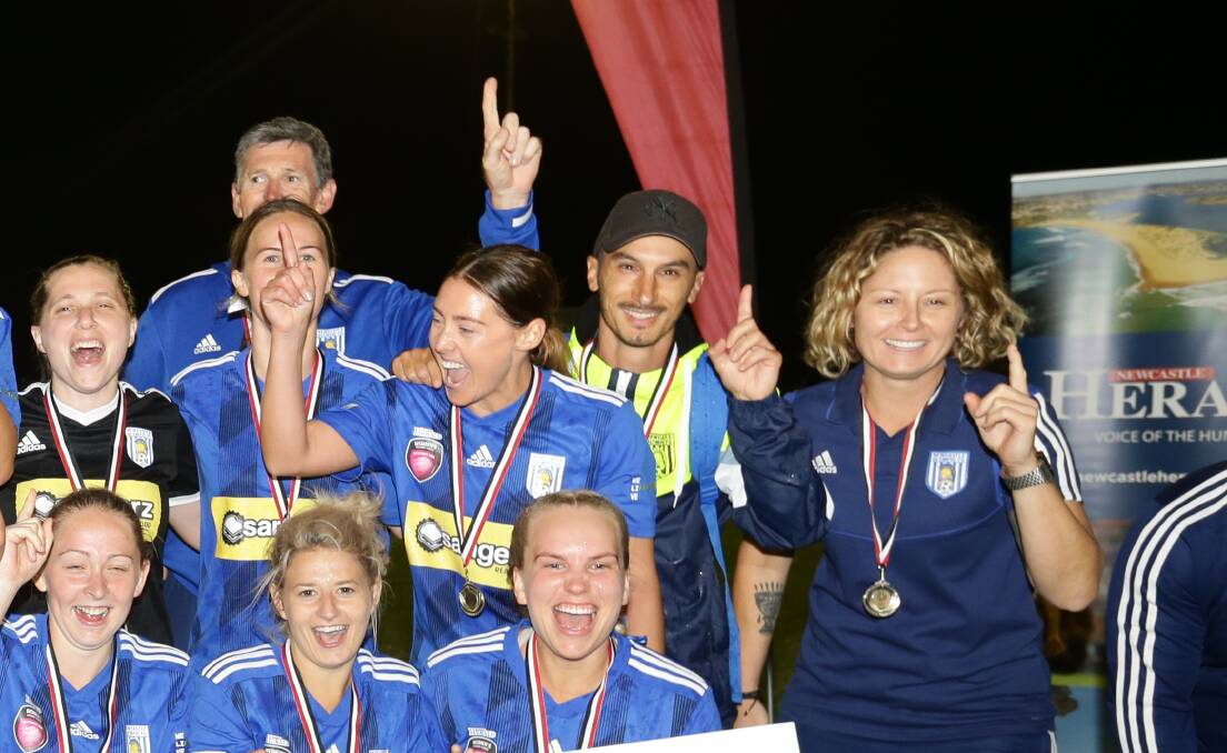 Championship-winning Herald Women's Premier League coach Harmonie Attwill, pictured far right, has stood down from her position with Newcastle Olympic due to other commitments. Picture: Jonathan Carroll