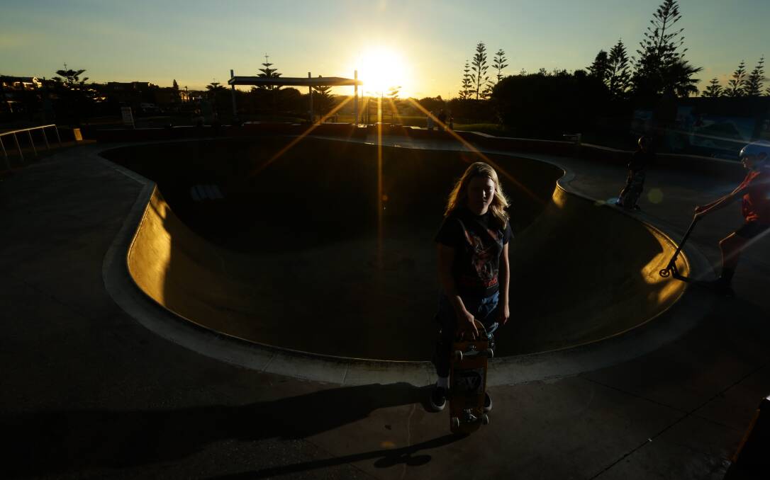 SET FOR LAUNCH: Poppy Starr Olsen at Bar Beach Skate Park last week. She has flown to the United States to compete ahead of the Tokyo Olympics. Picture: Jonathan Carroll
