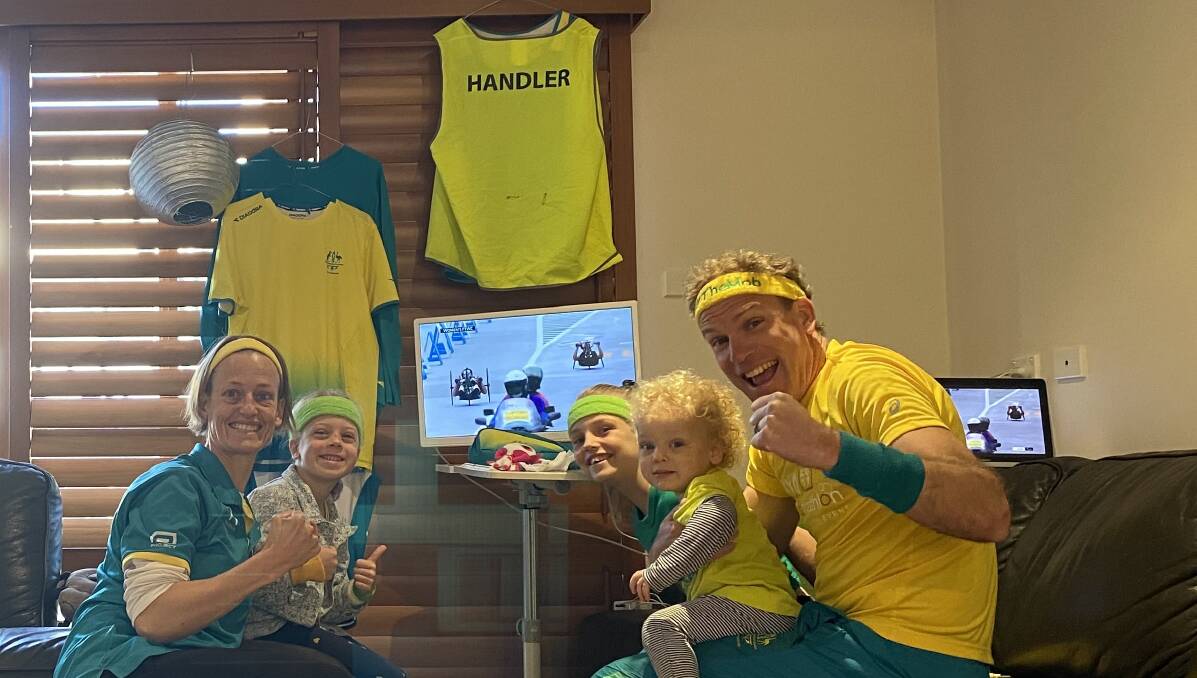 Lauren Parker's handler Dave Robertson cheers her on from home in Newcastle with his wife Gabby and their three children Emma, Grace and Andrew. Picture: Dave Robertson