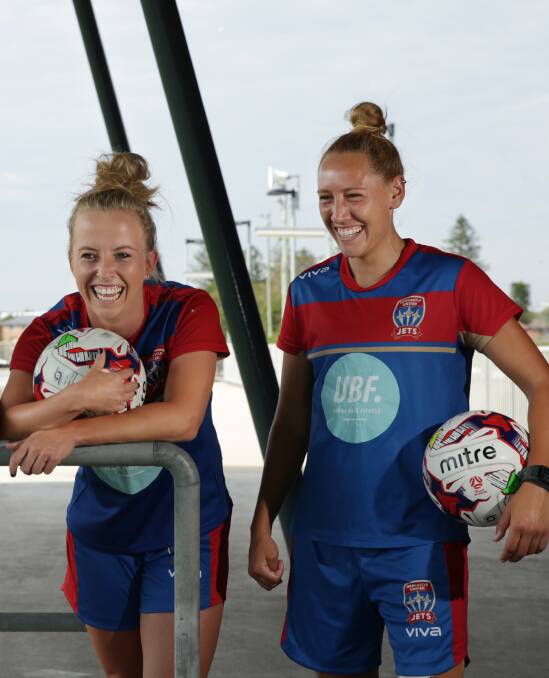 EXPERIENCE: Hannah Brewer, left, and Gema Simon were fresh-faced teenagers in the Jets' first squad in 2008. Now, they have around 200 W-League appearances between them. Picture: Simone De Peak