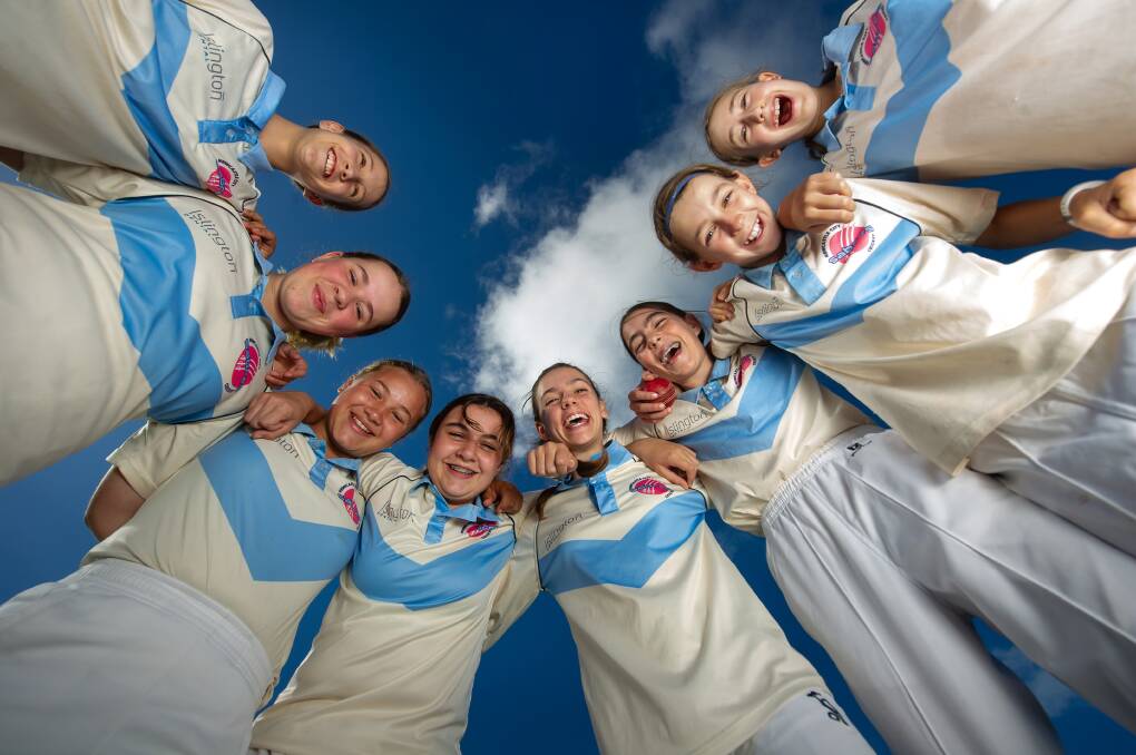 Players, from left, who were in the Newcastle City Pink all-girls side: Natasha Mills, Sophie Penn, Abby Roser, Saffron Thibault, Laura Knipe, Gabriella Lyons, Felicity Wharton and Sienna Edwards. Not pictured but also in the team are Emma McRae and Lila Barber. Picture: Marina Neil