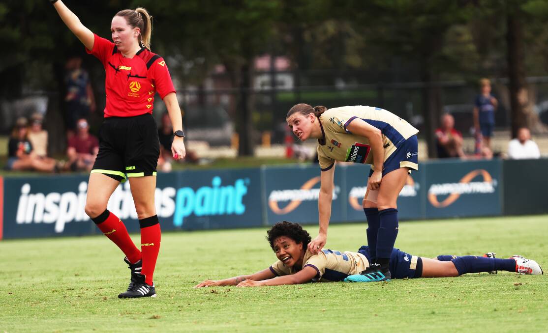 A yellow card was issued to Tiarna Karambasis after Sarina Bolden was pulled back in a clear goalscoring opportunity at No.2 Sportsground on Sunday. Picture by Peter Lorimer