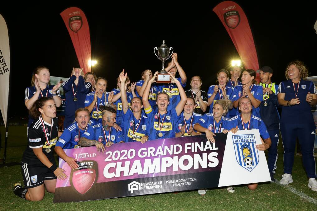 GRINNERS: Newcastle Olympic secured the premiership-championship double in their first season of Herald Women's Premier League last year. Picture: Jonathan Carroll