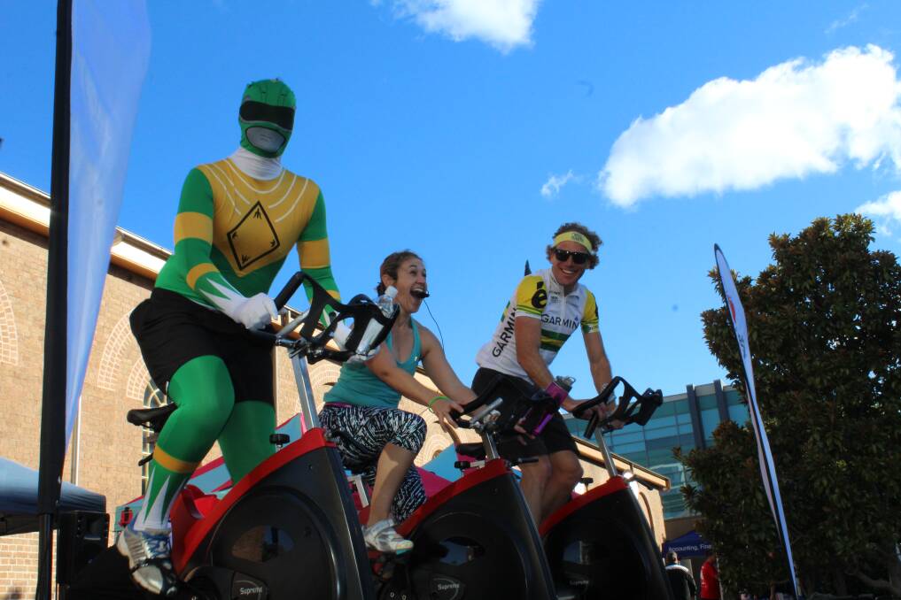 GOOD CAUSE: Even the Green Power Ranger got into the spin of things at the inaugural Variety Spin 4 Kids outdoor cycling charity event last year.