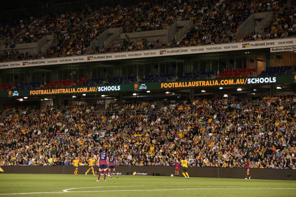 A record Newcastle crowd for a Matildas match of 20,495 turned out at McDonald Jones Stadium in November last year to watch them draw 1-1 with USA. Picture by Max Mason-Hubers