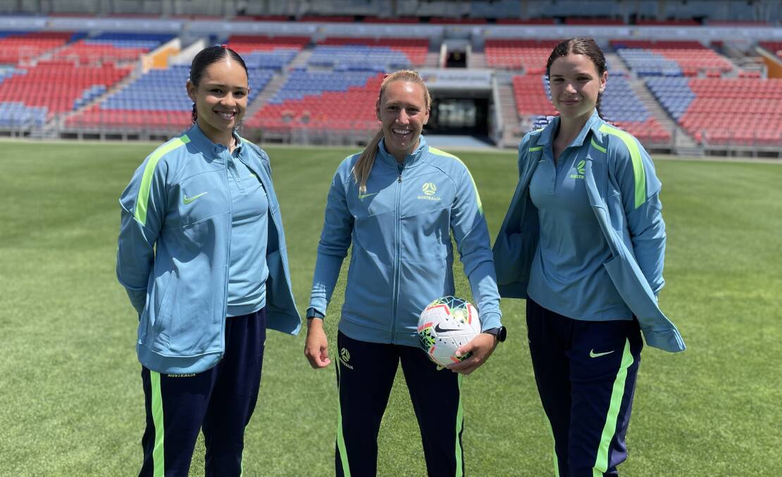 Newcastle's 11-times capped Matilda Gema Simon (middle) pictured with Future Matildas Milan Hammond, left, and Kirsty Fenton, right, at McDonald Jones Stadium on Monday. Picture: Renee Valentine