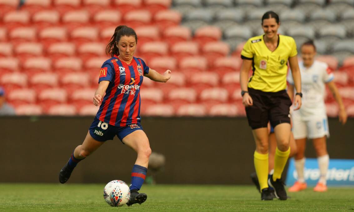 Clare Wheeler, pictured playing for the Newcastle Jets at McDonald Jones Stadium in the 2019-20 W-League, returns to her home town with the Matildas next week. Picture: Jonathan Carroll