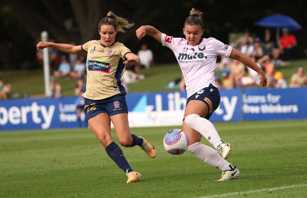 Action between Newcastle Jets and Melbourne Victory at No.2 Sportsground in A-League Women's round 21 on March 23, 2024. Pictures by Peter Lorimer