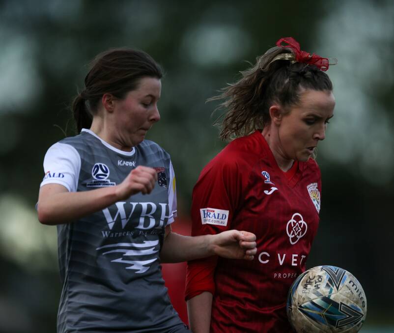 IMPACT: Two-time W-League championship winner Rhali Dobson, right, is proving a more than handy signing for Broadmeadow as they eye success in NPLW NNSW. Picture: Marina Neil
