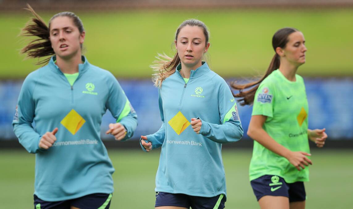 Adamstown Rosebud junior Clare Wheeler, pictured training with the Matildas in Newcastle in 2021, earned her 18th cap for Australia against Canada on Saturday. Picture by Max Mason-Hubers