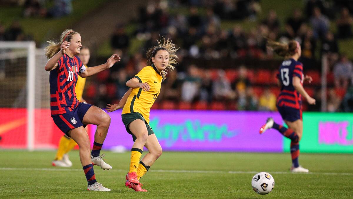 Newcastle's Clare Wheeler, in action for the Matildas at McDonald Jones Stadium in 2021. Picture by Max Mason-Hubers