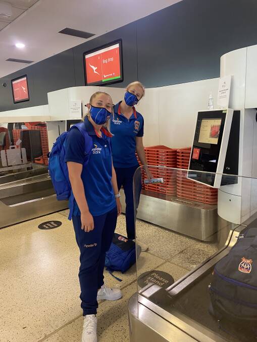 ABOUTFACE: Jets players Rhianna Pollicina and Tara Andrews at Melbourne Airport on Friday. Picture: Cassidy Davis