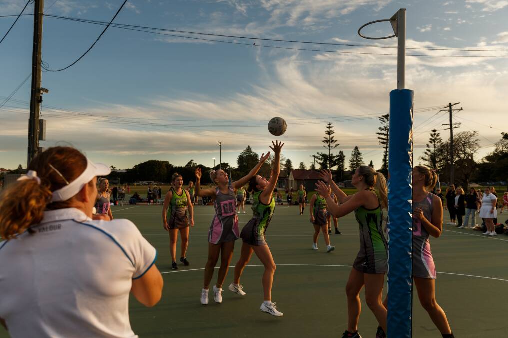 TIGHT TUSSLE: Little separated Inner Glow and Nova Thunder in round four of Newcastle championship netball at National Park on Saturday. Picture: Max Mason-Hubers