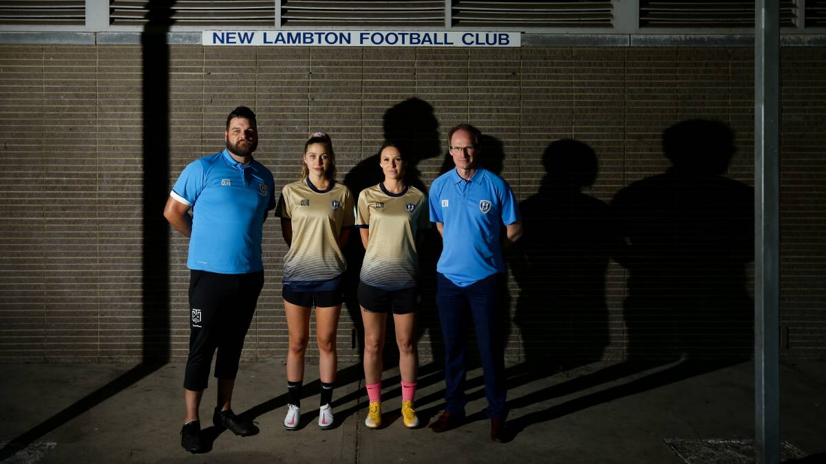 From left, New Lambton WPL head coach Greg Lowe, players Georgia Minors and Adriana Jones and Eagles WPL general manager Andy Roberts.