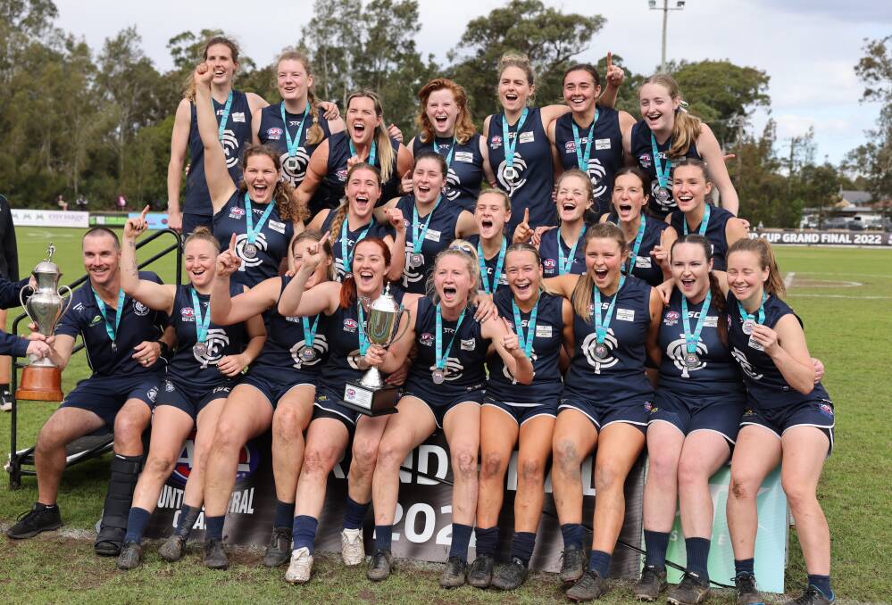 Newcastle City women celebrate grand final victory over Killarney Vale at Adelaide Street Oval on Saturday. Picture by Geoff Robinson